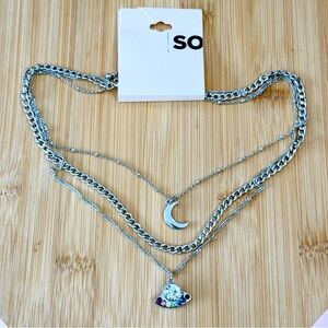Silver Layered Necklace with Moon and Spaceship Charms